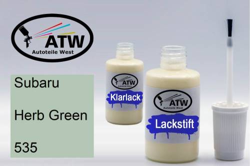 Subaru, Herb Green, 535: 20ml Lackstift + 20ml Klarlack - Set, von ATW Autoteile West.